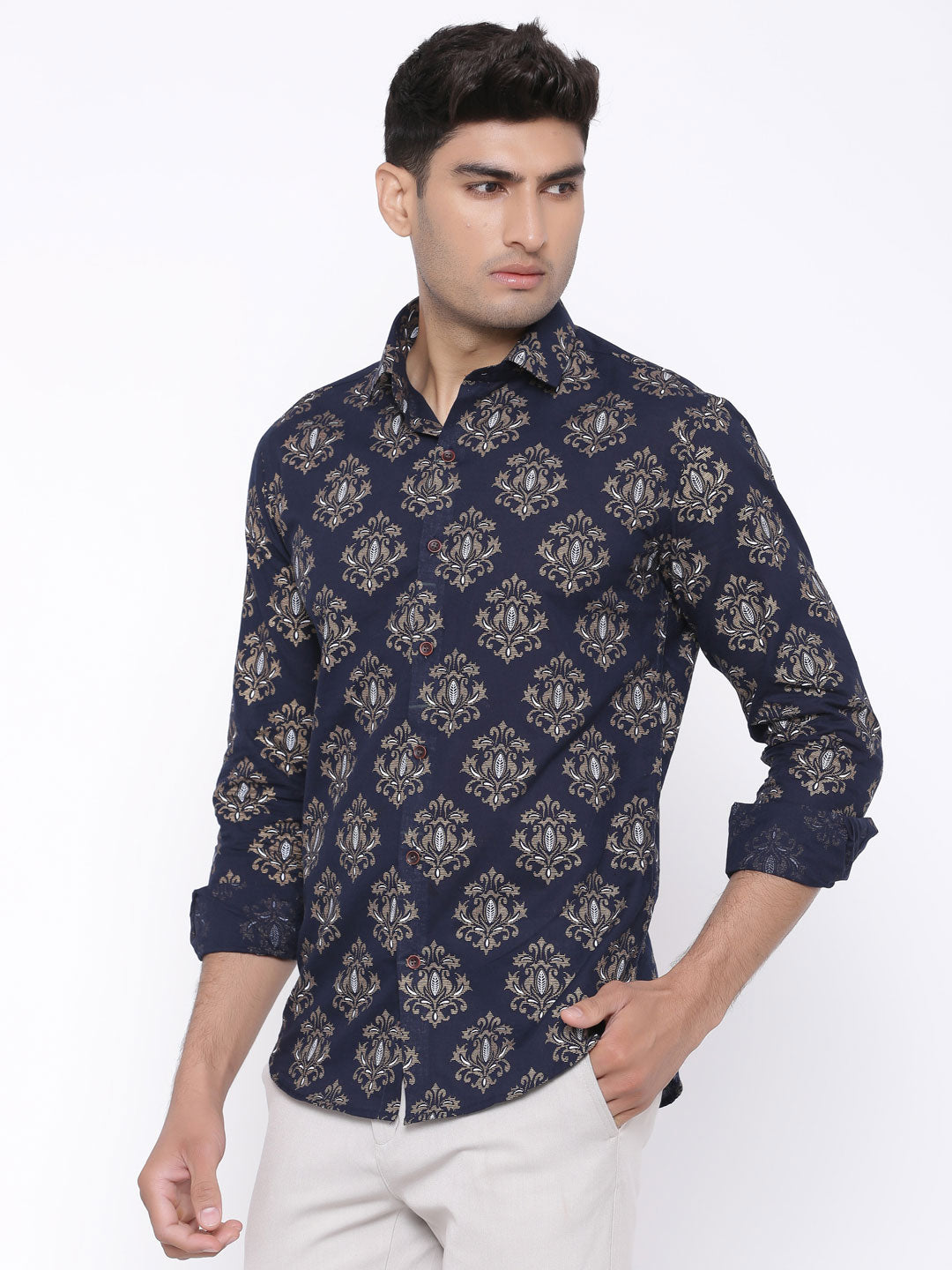 Blue With Golden Motif Printed Cotton Shirt