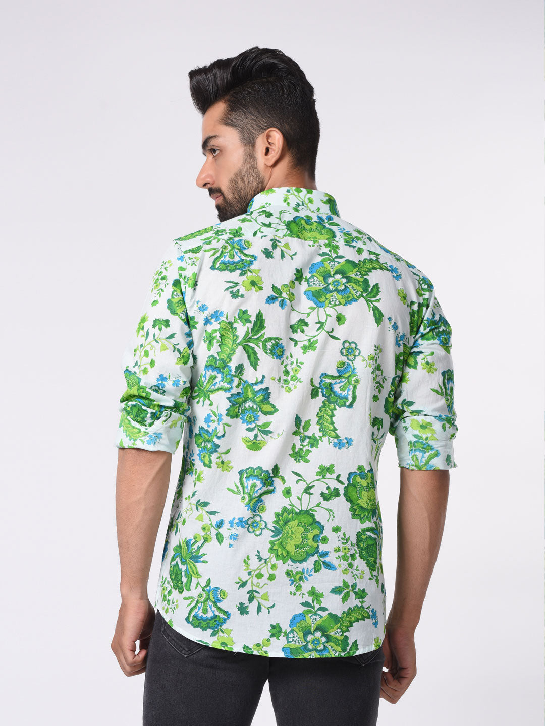 White and Green Floral Cotton Printed Shirt