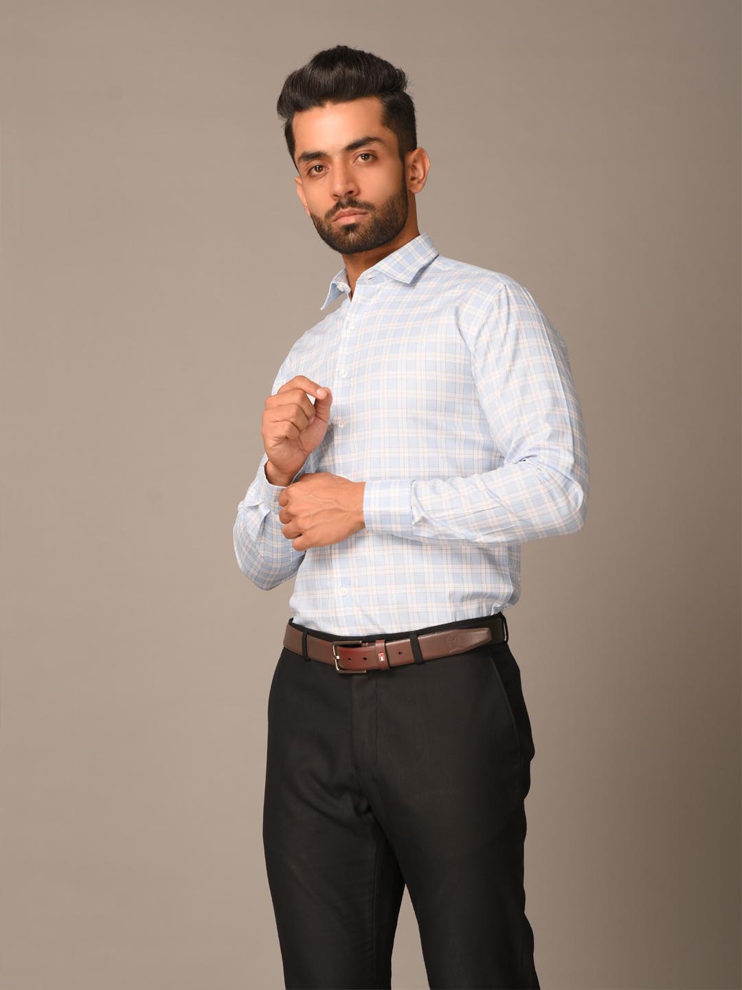 light blue check shirt