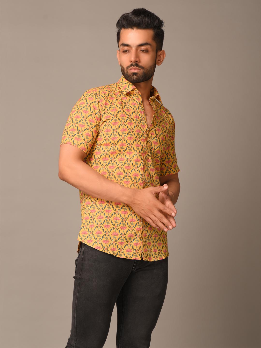 Yellow Bloomy Printed Cotton Shirt