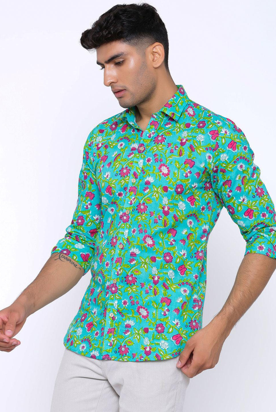 Green Floral Cotton Printed Shirt - Tistabene