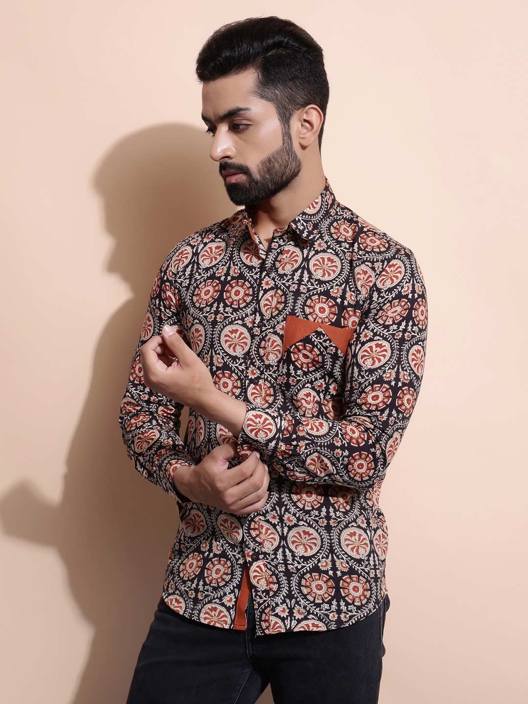 Men Black and Rust Printed Slim Fit Shirt