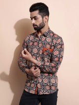 Men Black and Rust Printed Slim Fit Shirt