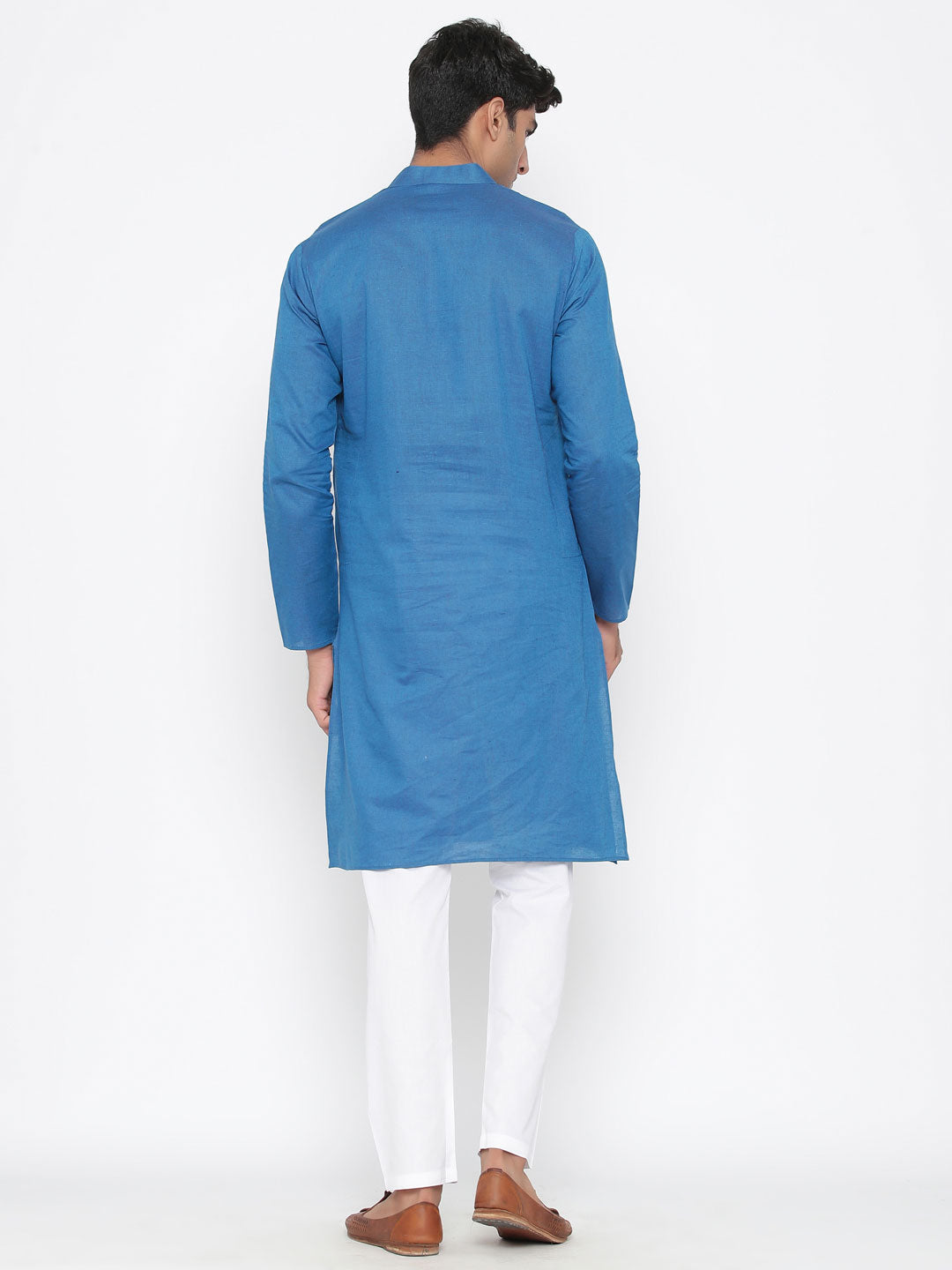 Plain Blue Cotton Kurta With Pyjama