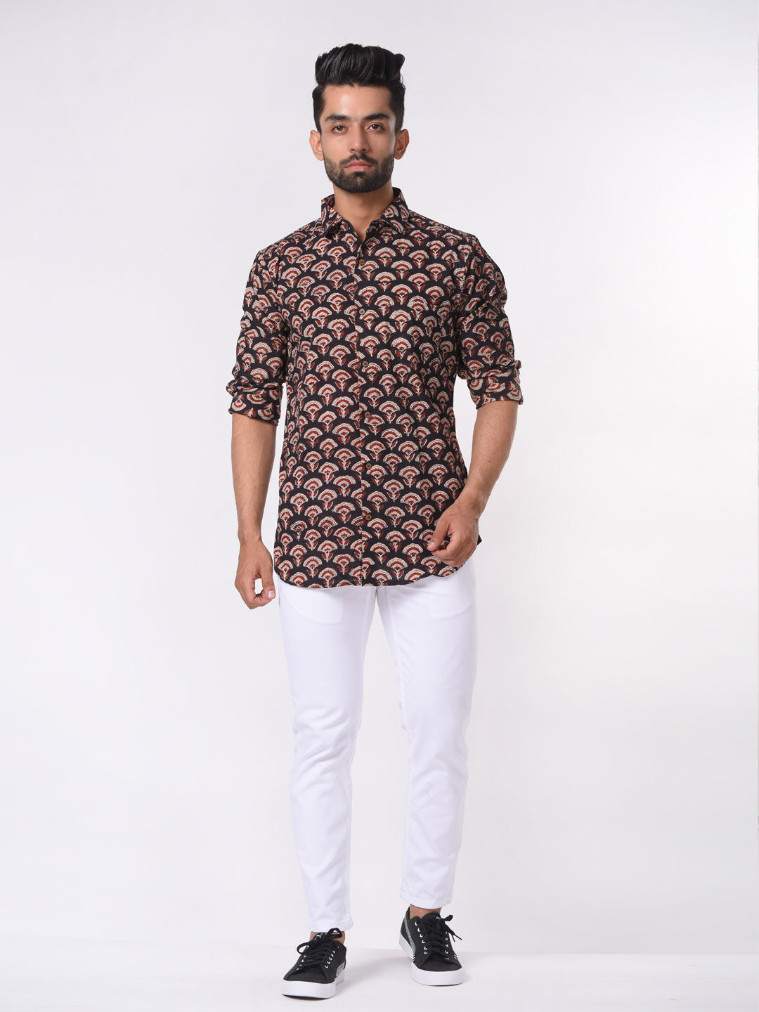 Black with Red Floral Block Print Cotton Slim Fit Shirt