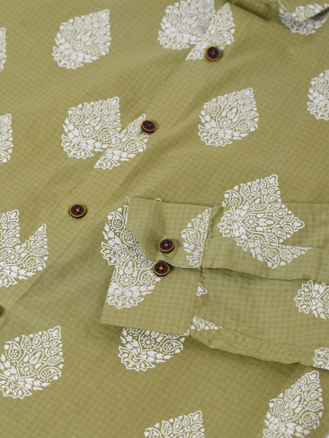 Green and White Ethnic Motif Printed Cotton Shirt