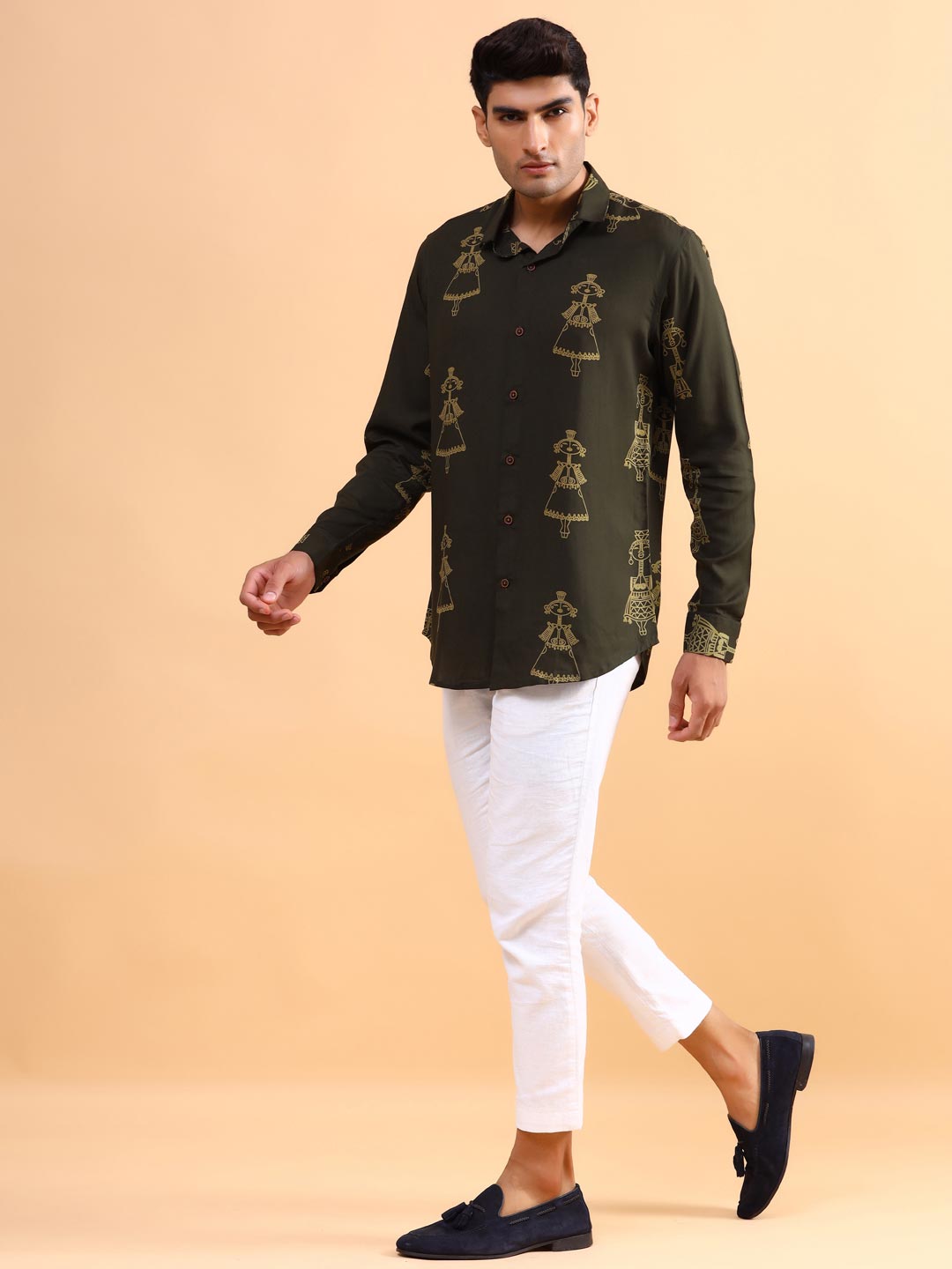 Buy Latest Olive Green Tribal Printed Cotton Shirt Online | Tistabene