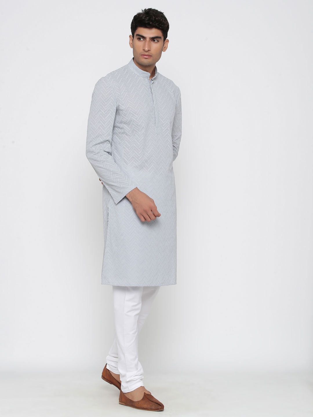 Grey Chikan Kurta With Pyjama Set