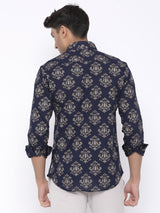 Blue With Golden Motif Printed Cotton Shirt