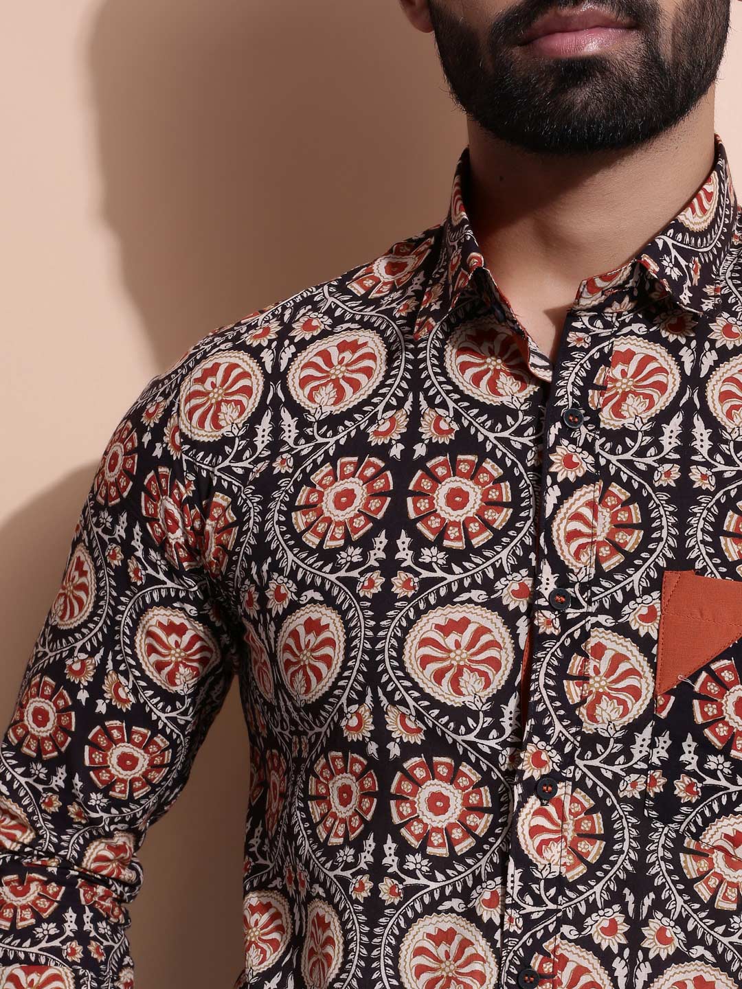 Men Black and Rust Printed Slim Fit Shirt