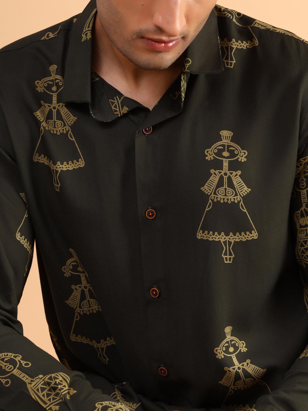 Buy Latest Olive Green Tribal Printed Cotton Shirt Online | Tistabene