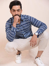White and Blue Ikat Design Slim Fit Men Shirt