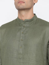 Olive Green Plain Linen Kurta With Pyjama