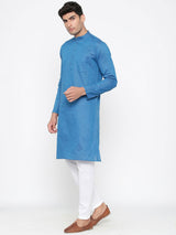 Plain Blue Cotton Kurta With Pyjama