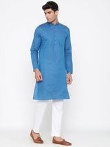 Plain Blue Cotton Kurta With Pyjama