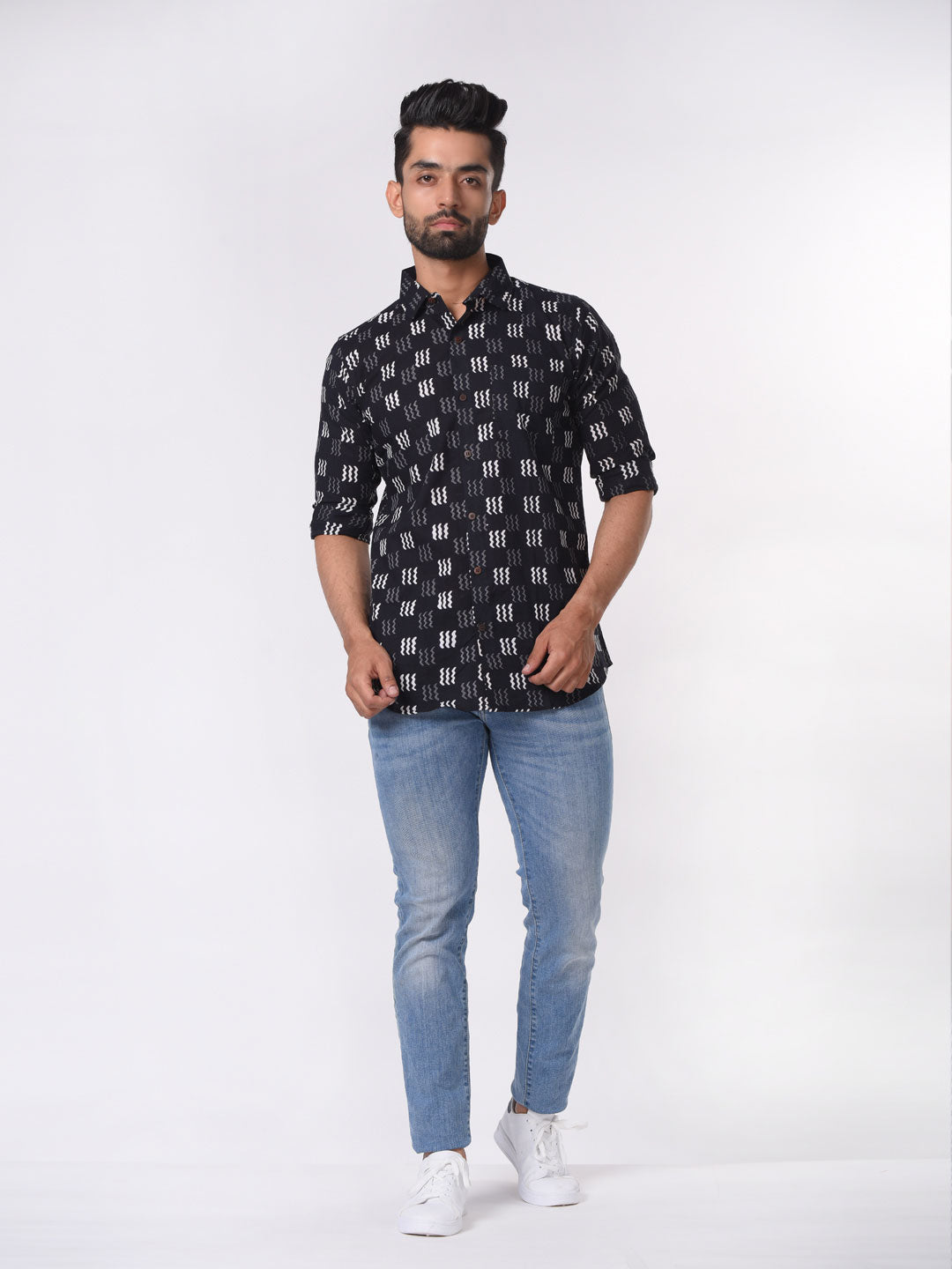 Geometric Block Print Cotton Slim Fit Shirt