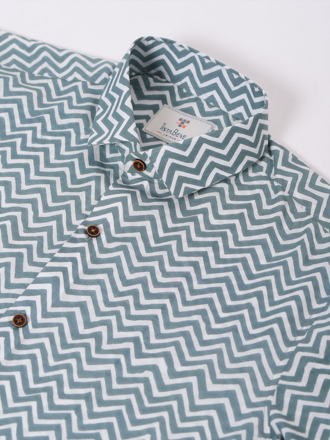 Green and White Chevron Printed Cotton Shirt
