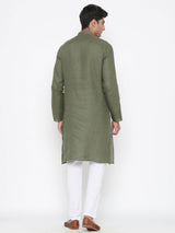 Olive Green Plain Linen Kurta With Pyjama