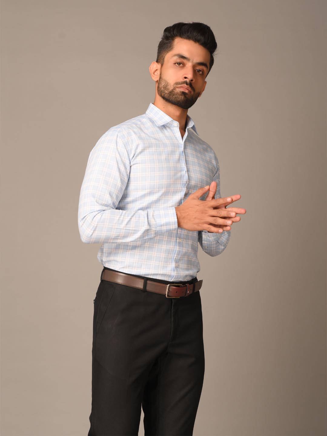 light blue check shirt