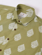 Green and White Ethnic Motif Printed Cotton Shirt
