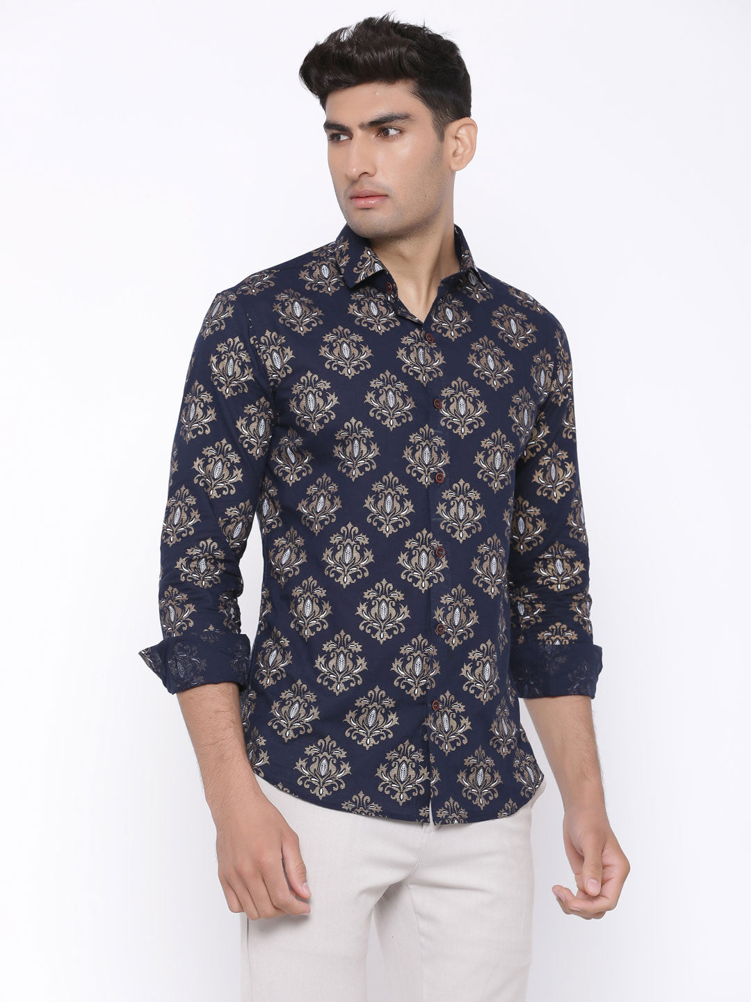 Blue With Golden Motif Printed Cotton Shirt