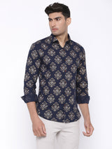 Blue With Golden Motif Printed Cotton Shirt