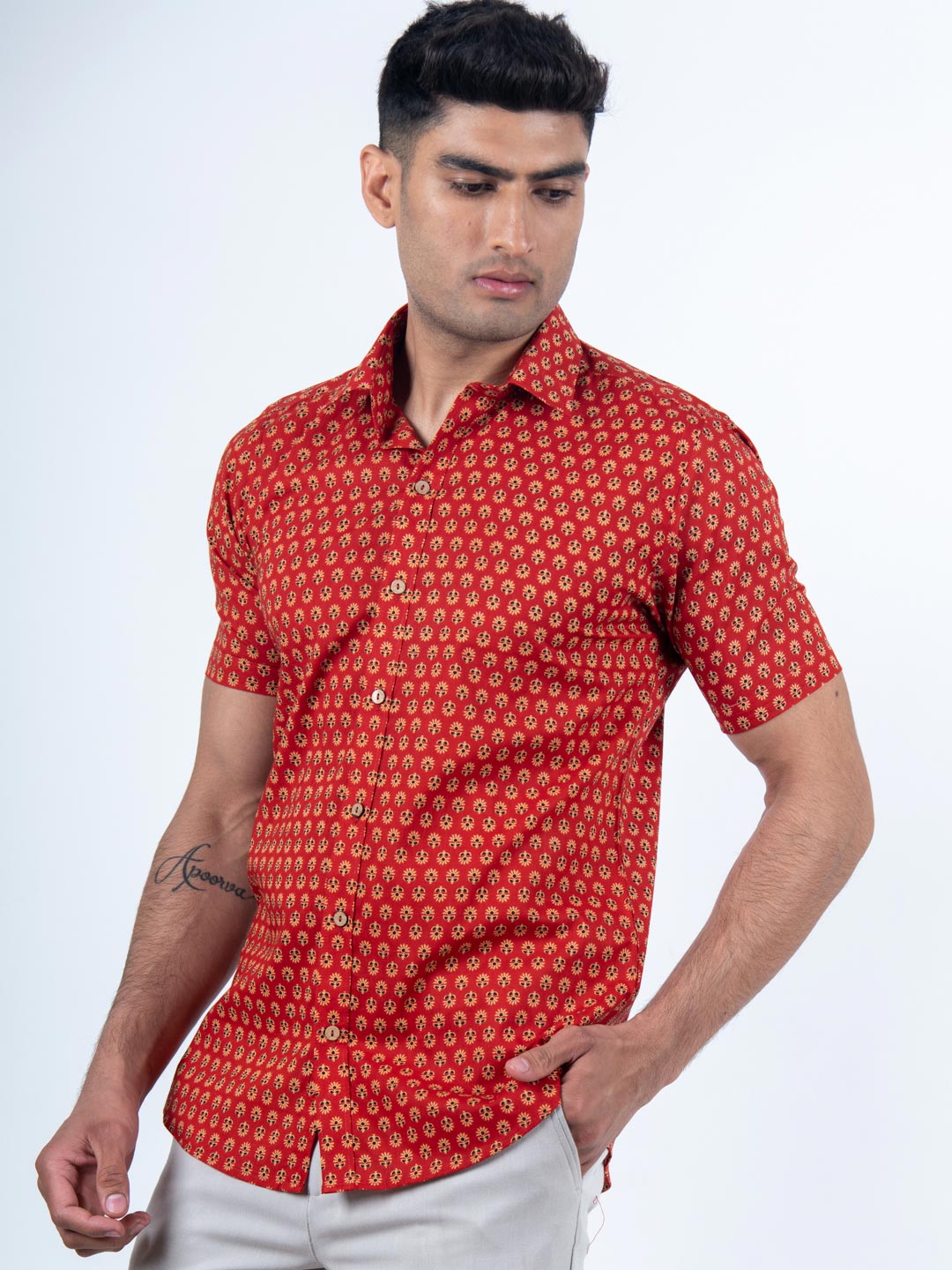 red printed shirt
