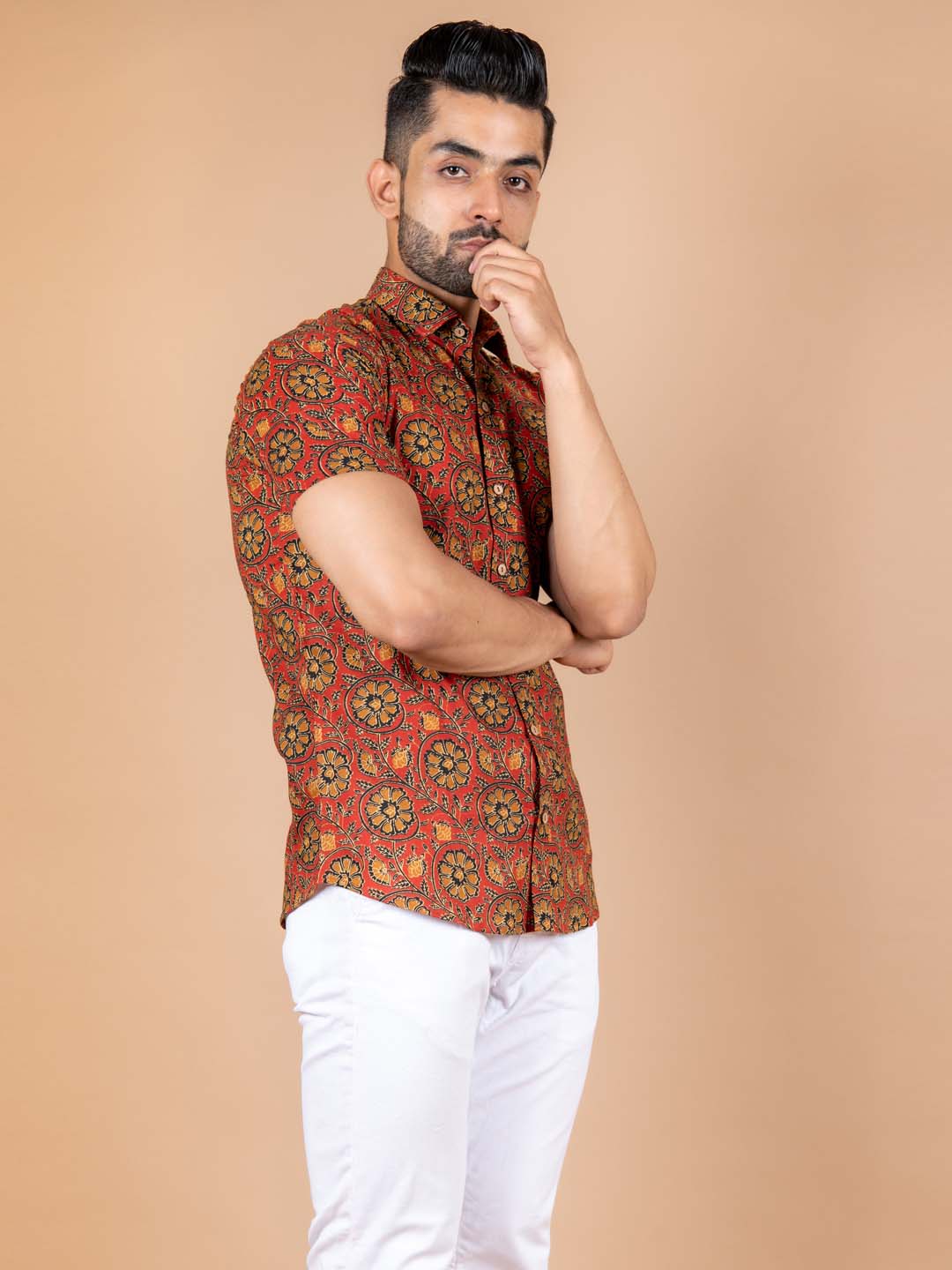 Red Kalamkari Printed Cotton Half Shirt
