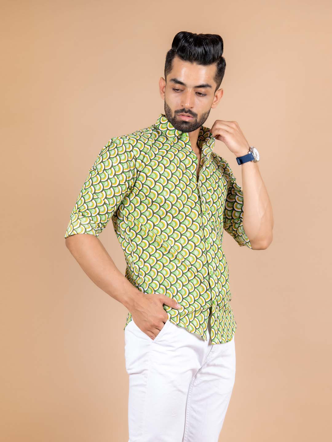 Buy Trendy Green Takeshi Printed Cotton Shirt Online | Tistabene