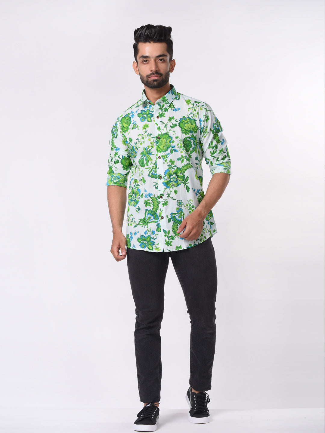 White and Green Floral Cotton Printed Shirt