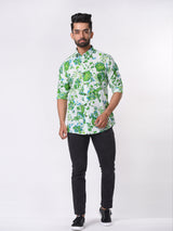 White and Green Floral Cotton Printed Shirt