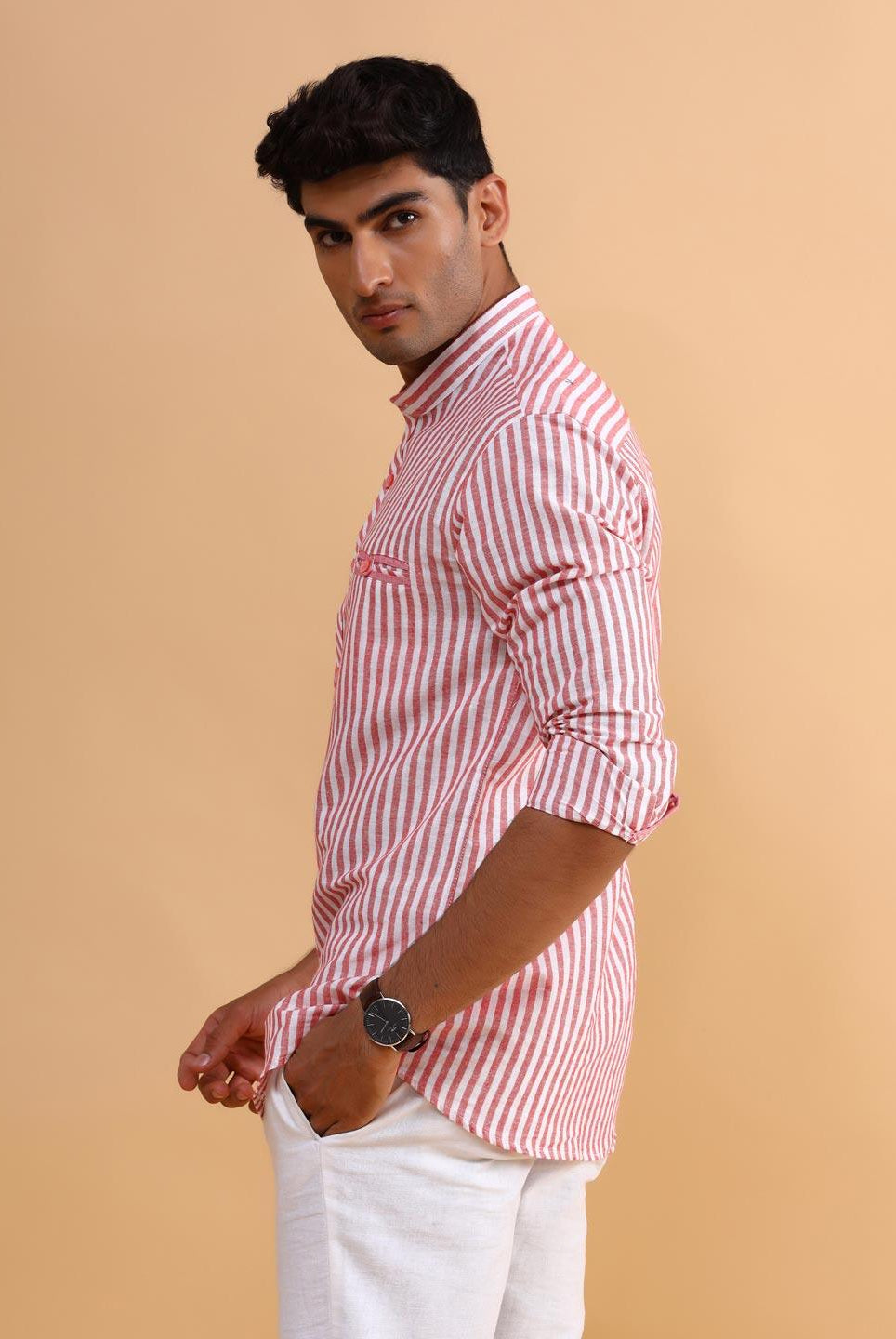 Men White and Red Stripe Mandarin Collar Cotton Shirt - Tistabene
