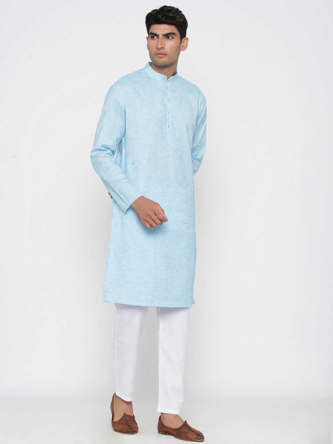 Blue Cotton Linen Feel Designer Cotton Kurta With Pyjama