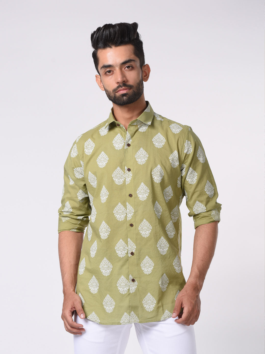 Green and White Ethnic Motif Printed Cotton Shirt