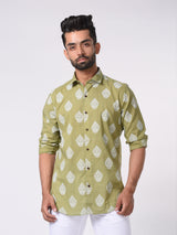 Green and White Ethnic Motif Printed Cotton Shirt