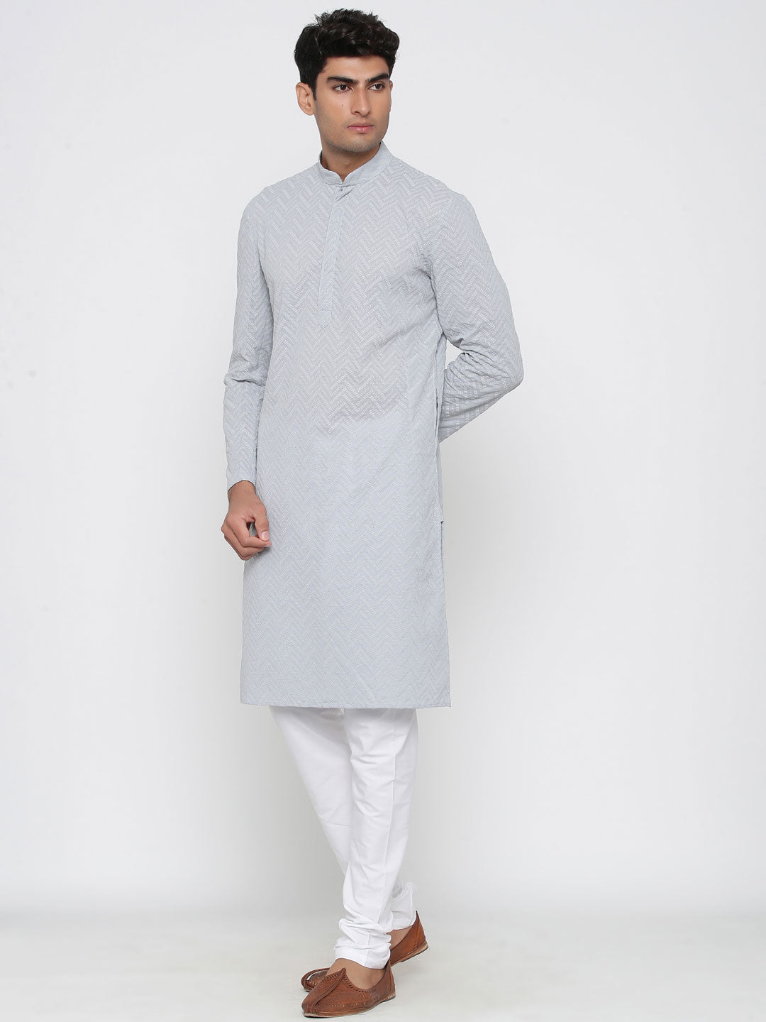 Grey Chikan Kurta With Pyjama Set
