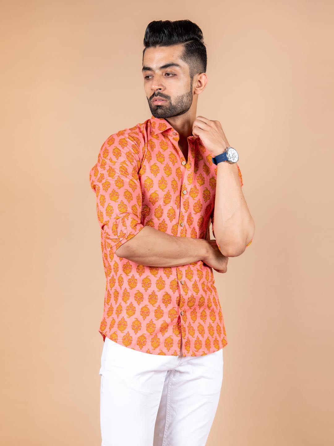 pink printed shirt