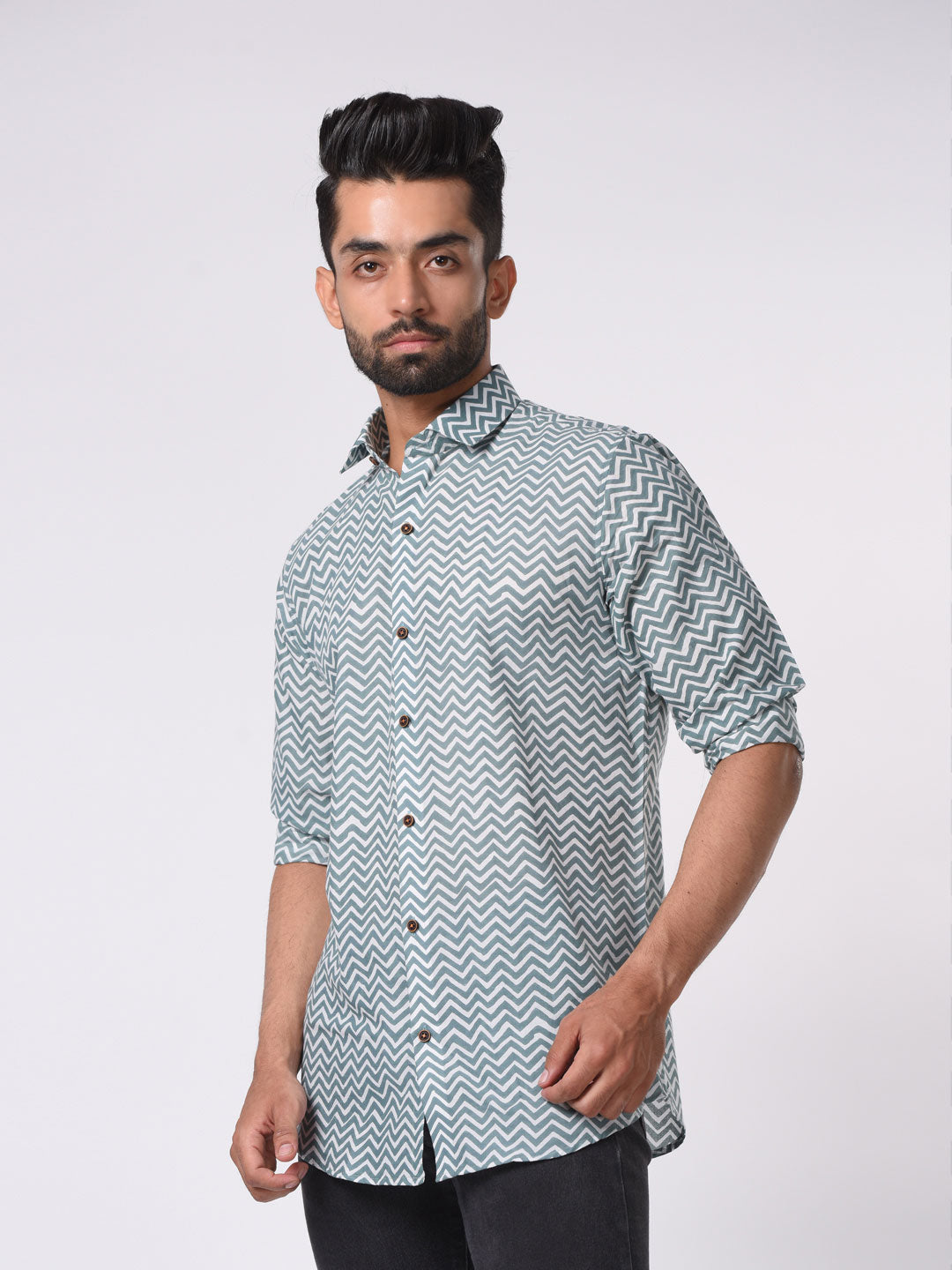 Green and White Chevron Printed Cotton Shirt