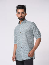 Green and White Chevron Printed Cotton Shirt