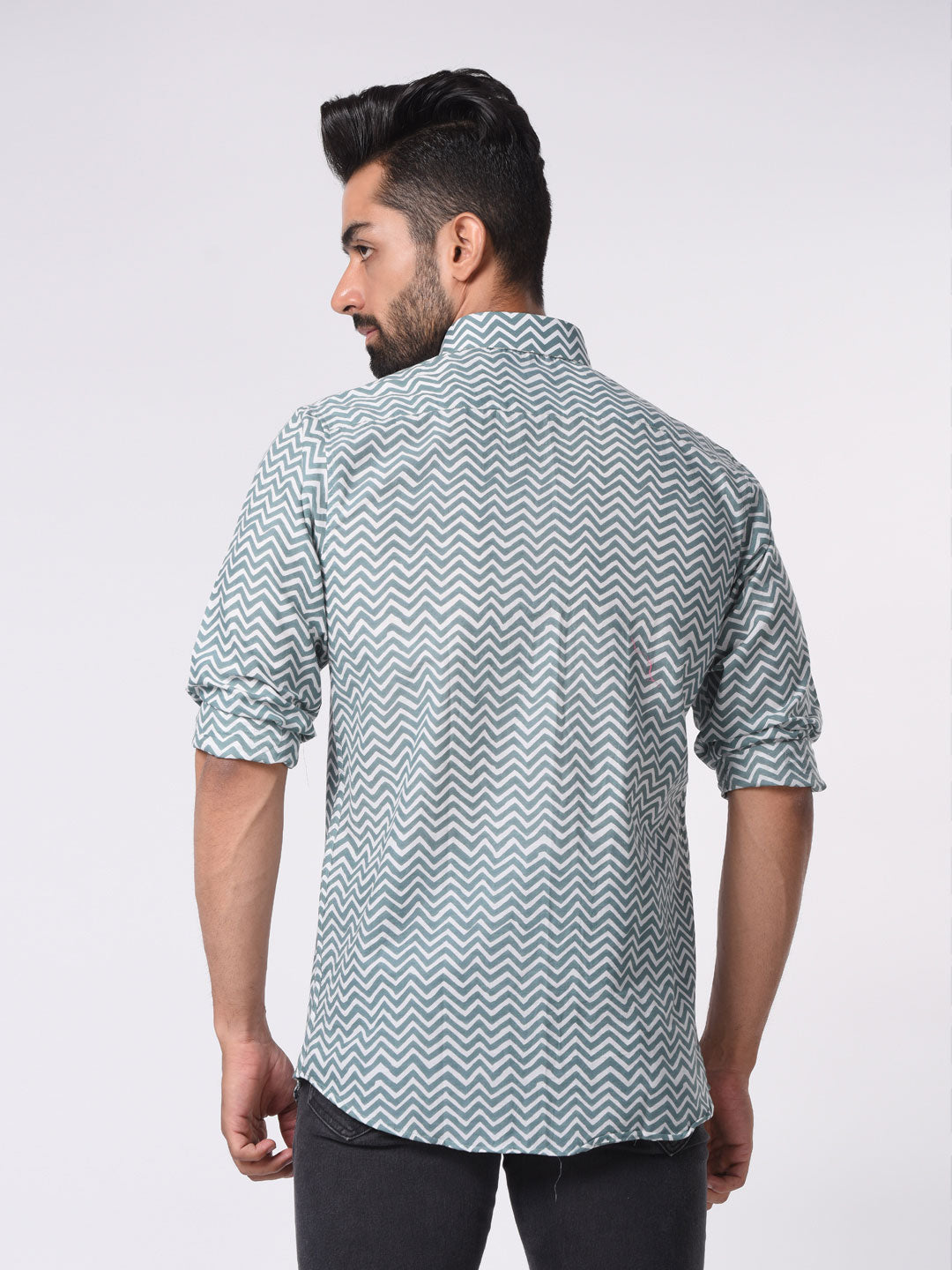 Green and White Chevron Printed Cotton Shirt