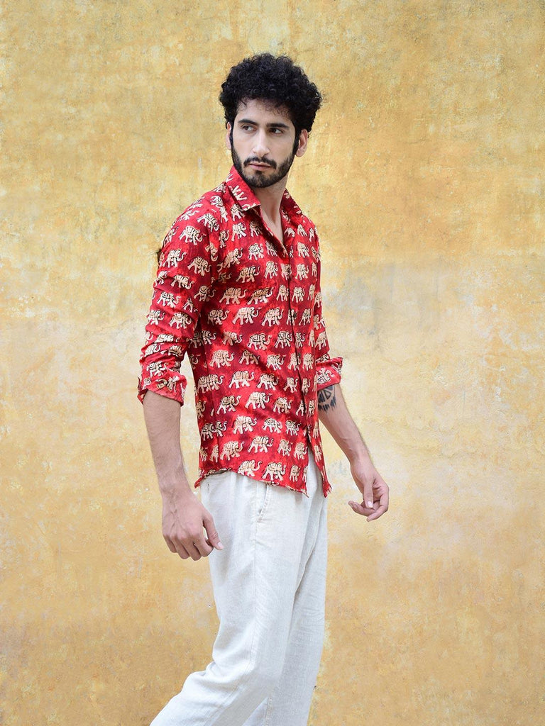 Buy Traditional Red Elephant Printed Crepe Shirt Online | Tistabene