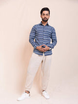 White and Blue Ikat Design Slim Fit Men Shirt