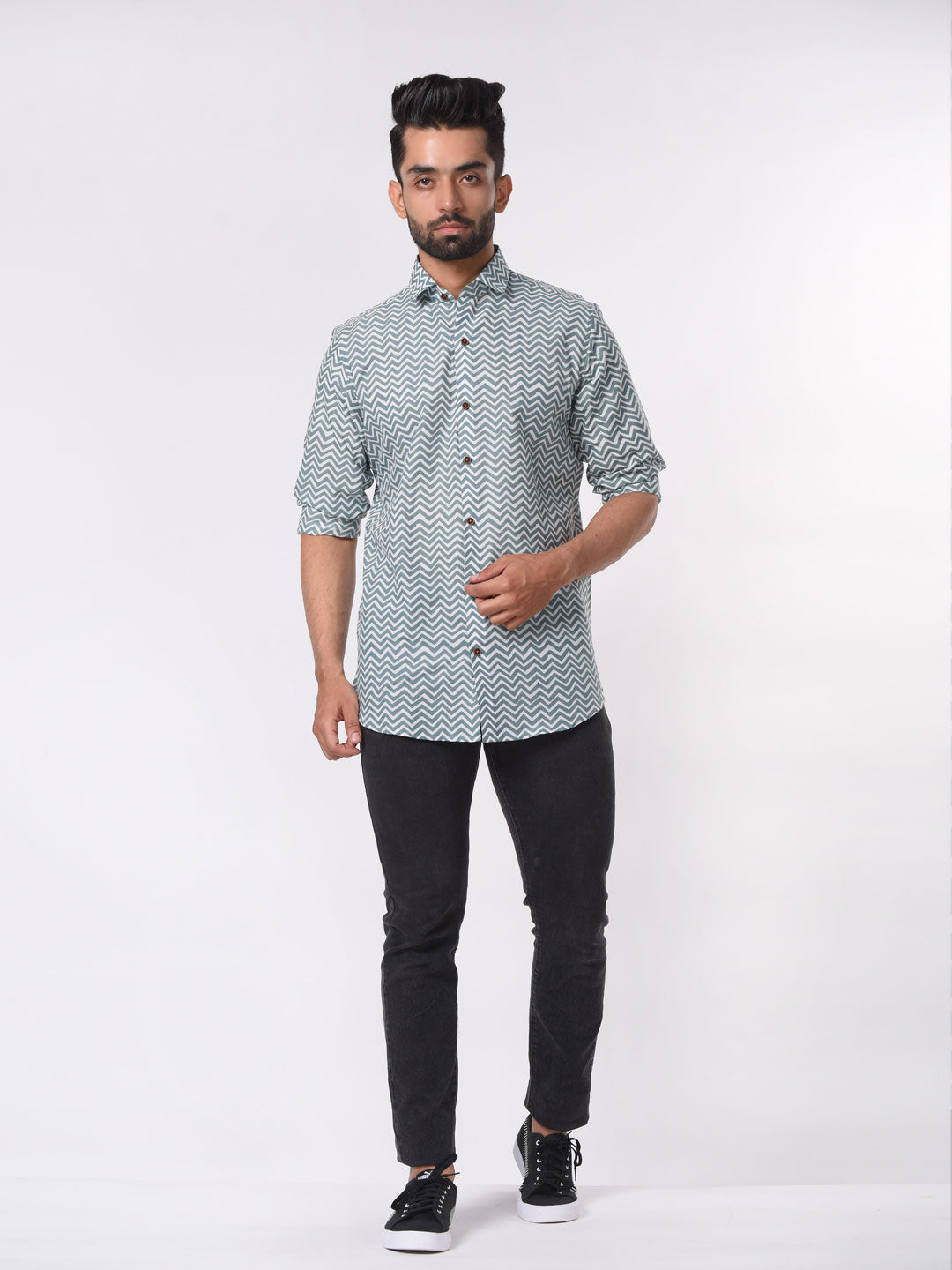 Green and White Chevron Printed Cotton Shirt