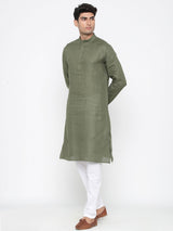 Olive Green Plain Linen Kurta With Pyjama