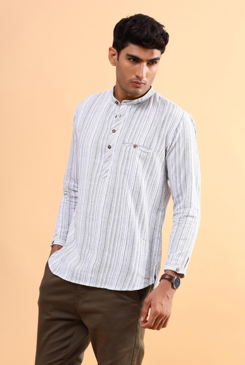 Striped Grey and Black Cotton Linen Kurta Shirt - Tistabene