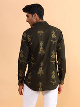 Buy Latest Olive Green Tribal Printed Cotton Shirt Online | Tistabene