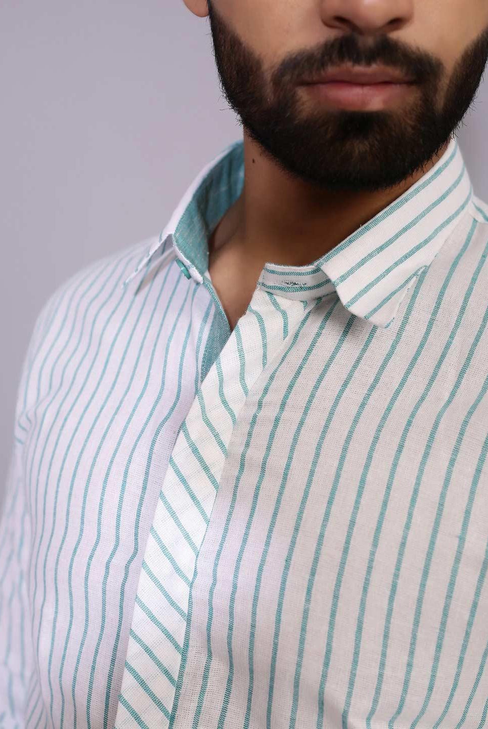 Men White and Blue Stripe Cotton Shirt - Tistabene