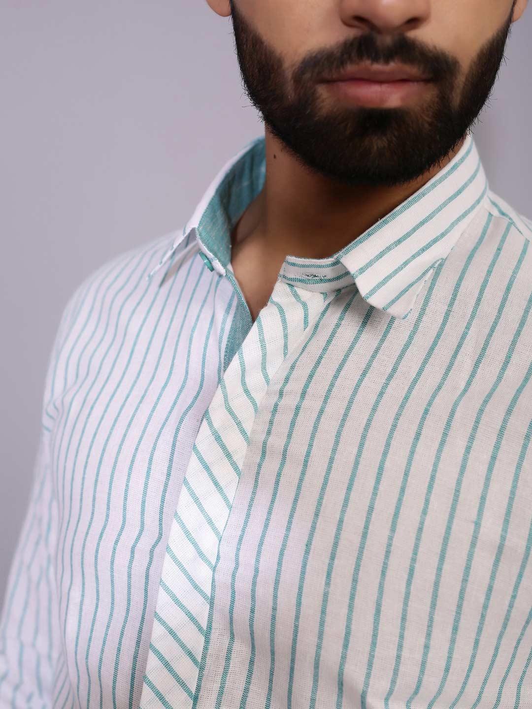 Men White and Blue Stripe Cotton Shirt - Tistabene