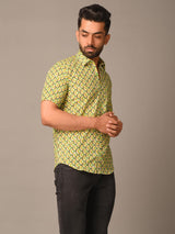 Green Takeshi Printed Cotton Half Shirt