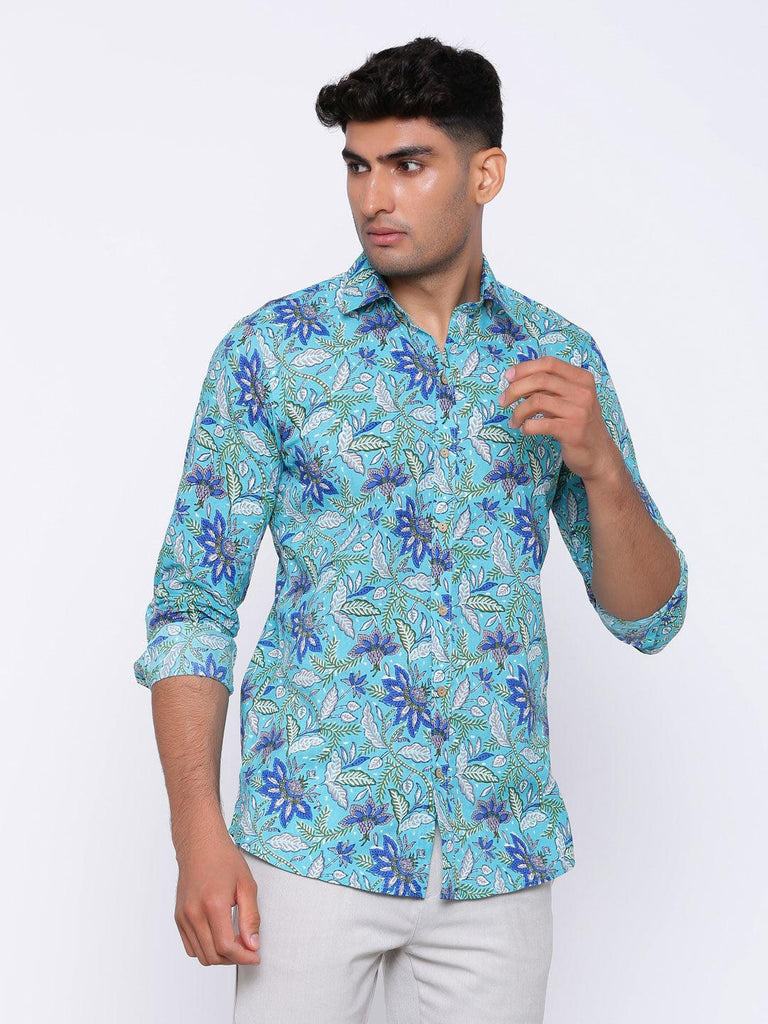 Light Blue Blooming Printed Cotton Shirt - Tistabene